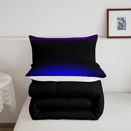 Image of Honeycomb Bedding Set Full Size, Purple Blue Ombre Comforter Geometrics Hexagon Comforter Set for Kids Boys Girls Beehive Hexagon Duvet Set Breathable Room Decor Microfiber Bed Set