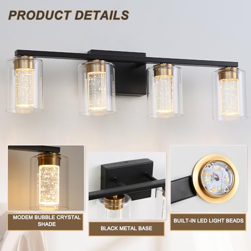 Image of 4-Light Black Bathroom Light Fixture, Dimmable 5CCT Black and Gold Bathroom Vanity Lights, 2700K-6500K Modern Crystal Bubble LED Wall Sconce Over Mirror with Clear Glass