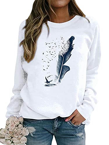Dresswel Pullover Damen Feder Drucken Sweatshirt Langarmshirt Rundhals...