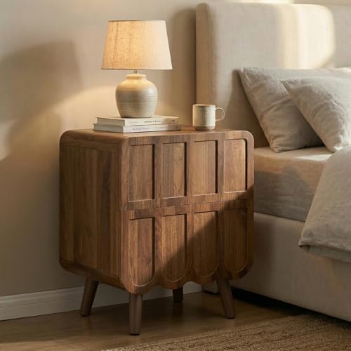 LYNCOHOME Bedside Tables Bedside Cabinet No Handle Night stand with 2 Drawers Bed Side Table for Bedroom Living Room Retro Design