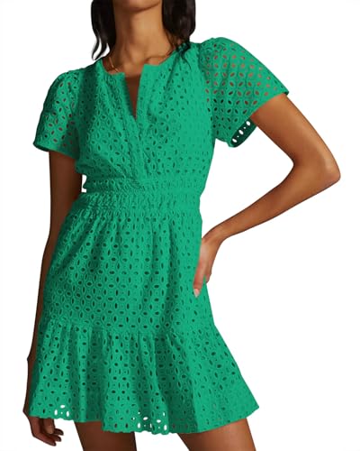 Image of Women Summer Short Sleeve Dress Hollow Out A Line V Neck Smocked Waist Ruffle Beach Mini Dresses