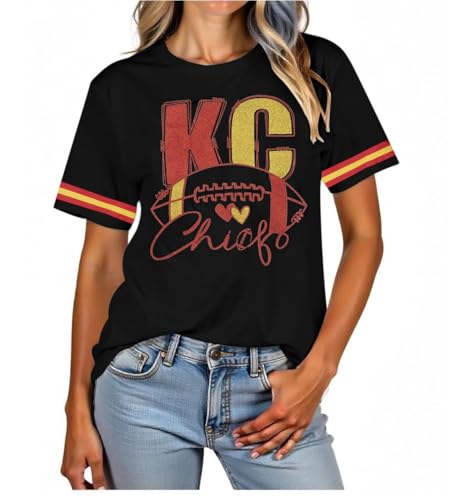Football Shirt for Women Game Day Shirt Football Heart T-Shirt Sports Season Short Sleeve Tops Black