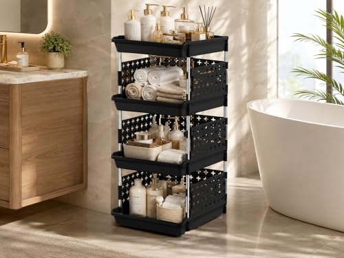 Image of KITCHIVO Multipurpose Storage Rack Organizer with Stainless Steel Pipes | Heavy Duty Plastic Shelf Stand for Kitchen, Bathroom, Laundry & Pantry (Black, 4 Layer)