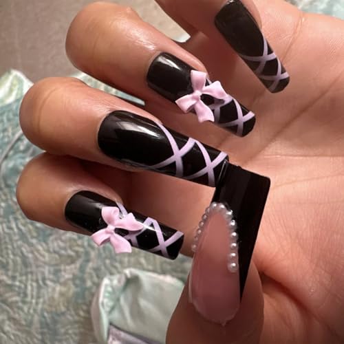 GlamRays Press on Nails Coffin Long Black Glossy Full Cover Acrylic Square French False Nails with Pink Bow Design Artificial Ballet False Nails - Image 5
