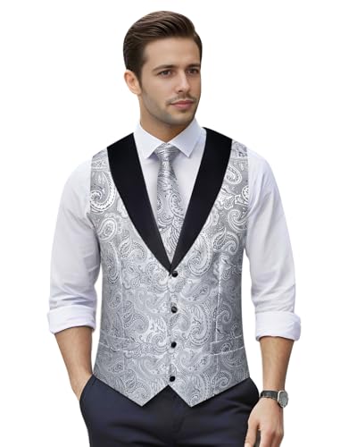 Image of DiBanGu Mens Paisley Suit Vest Silk Jacquard Waistcoat and Necktie Set Formal Shawl Collar Dress Vest 7PCS for Wedding Party