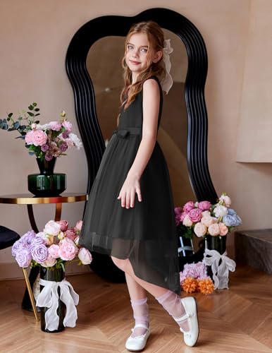 Image of Arshiner Girls Dresses Formal Party Wedding Tulle Sleeveless Contrast Mesh High Low Dress with Belt