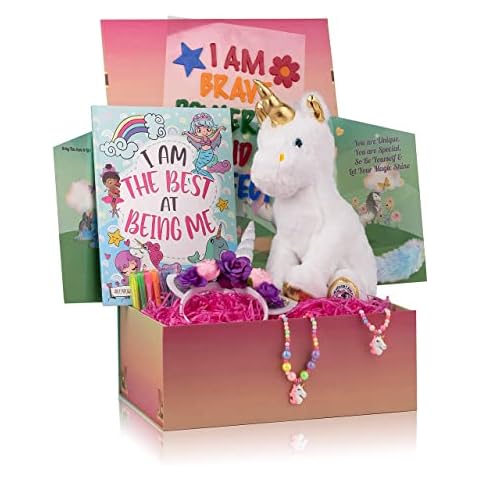 The Memory Building Company Kids Toys - Large Unicorn Surprise Box for Girls and Boys w/Unicorn Plush, Coloring Book and Markers, Jewelry and Horn Headband - Awesome Gift for Girls Age 6 & Up Cover
