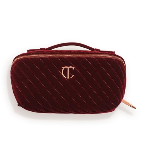 Charlotte Tilbury Large Travel Makeup Bag of My Dreams - Quilted Velvet Skincare, Fragrance & Cosmetic Organizer with 5 Compartments, Zip Pocket & Top Handle - Iconic Night Crimson Toiletry Bag