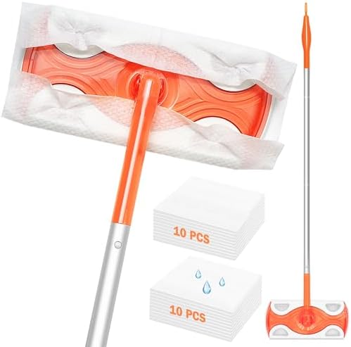 JEHONN Sweeper Mop Compatible with Swiffer Pads, 2-in-1 Starter Kit for Multi Surface Cleaning, Disposable Floor Duster, 10 Dry Sweeping Cloths, 10 Wet Mopping Refills for Kitchen Wall Window