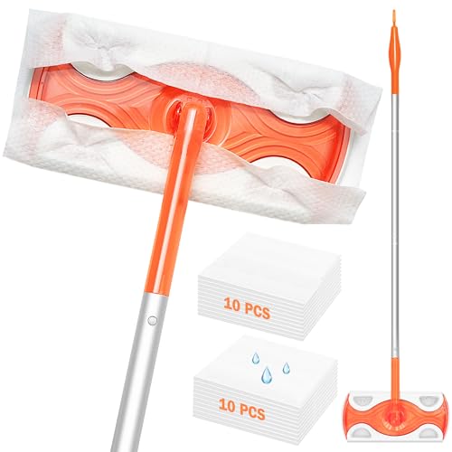JEHONN Balai Lingette pour Swiffer Pads, 2 en 1 Serpillère à Franges Jetable Attrape Poussière pour Le Nettoyage Multi-Surfaces, 10 Chiffons de Balayage à...