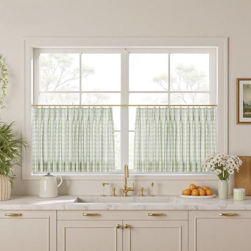 Image of TWOPAGES Pinch Pleat Cafe Curtains 24 Inch Long Buffalo Plaid Light Filtering Farmhouse Half Window Curtains for Kitchen (Light Green Small Plaid, 26W x 24L Inches, Set of 2)
