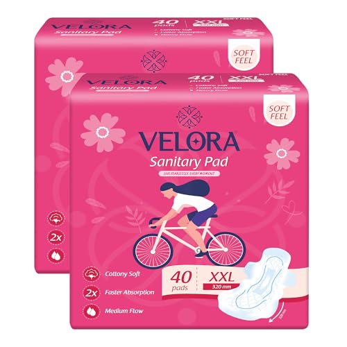 Velora Soft Feel & Rash Free XXL 80 Pads, Sanitary Pads for Women and Girls, Quick Absorption, Heavy Flow Champion, Skin Friendly Trifold Sanitary Napkins (40 Pads Each -320MM)