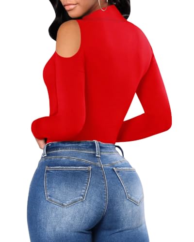 Image of MANGOPOP Long Sleeve Body Suits Mock Turtleneck Sexy Cold Shoulder Cutout Going Out Tops, Red, XX-Large