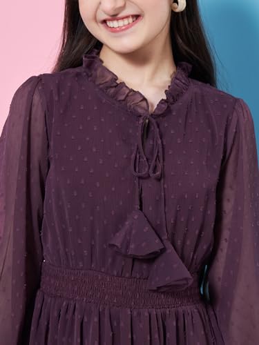 Image of Pspeaches Girl's V-Neck Long Sleeves Chiffon Fit & Flare Dress Purple Color Casual Stylish Wear