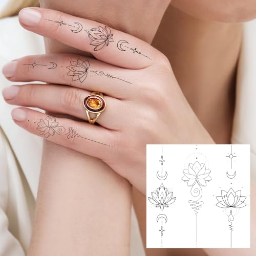 Image of Bilizar 12 Sheets Lotus Crescent Arrow Temporary Tattoos For Women Adults Finger Hand Neck Tattoo Sticker, Realistic Crescent Lotus Chain Pendant Fake Jewelry Tattoos Long Lasting Body Art Temp Tatoos