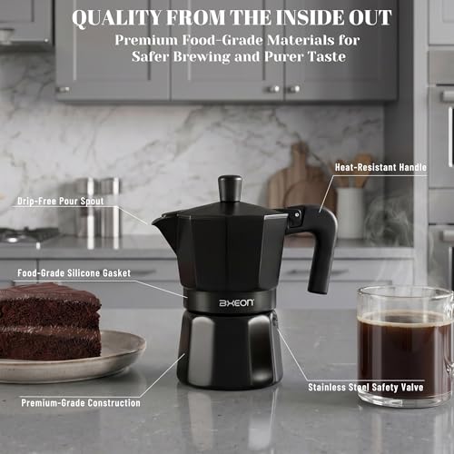 Image of AXEON Classic Moka Pot Espresso Coffee Maker - 120ml | Italian Style Mocha & Cuban Cafe Brewer | Gas & Ceramic Stovetop Compatible | Food-Grade Aluminum with Cool Touch Handle