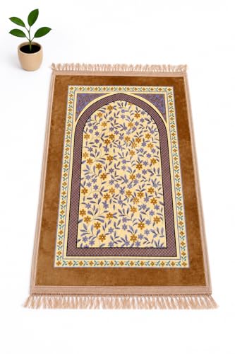 Image of Janamaz Prayer Mat Turkey Soft Velvet | Namaz Mat, Janimaz Namaz Aasan, Islamic Prayer Rug for Salah | 70x110 CM (Printed Golden)