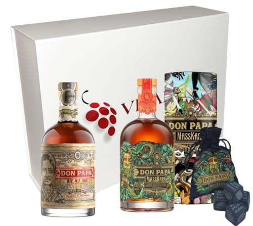 VINADDICT Don Papa Rum Geschenkset, 2 Flaschen 70 cl (7 Jahre und Masskara), mit Whisky Steinen, 3 Stück