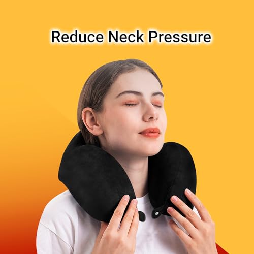 Image of Billebon Extra Soft Memory Foam Luxury Travel Neck Support Rest Pillow with Soft Washable & Removable Cover, Multipurpose Comfortable Travel Pillow for Airplane (Black with Eye MASK)