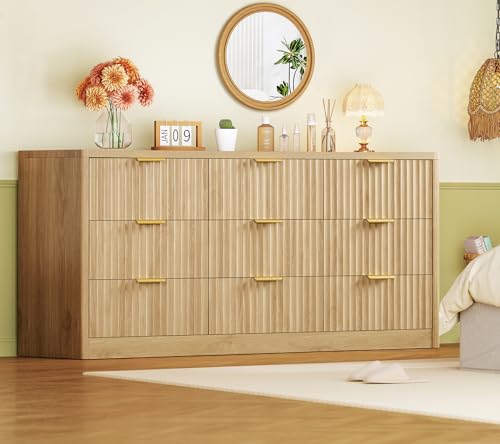 Image of TEENFON 63 inch Dresser for Bedroom with 9 Drawers, Modern Dressers & Chest of Drawers with Metal Handles, Fluted Dresser, Wood Closet Clothes Storage Organizer for Living Room, Hallway, Natural