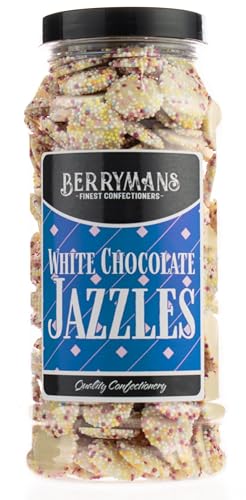 Original Jazzies White Chocolate Jazzies Snowies Jazzles Retro Sweets Gift Jar By Berrymans Sweet Shop - Classic Sweets Traditional Taste.