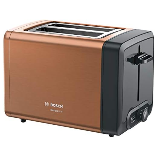 Bosch DesignLine TAT4P429DE - Tostadora compacta de acero inoxidable, con función de descongelación, perfecta para 2 rebanadas, función de elevación, ancha, 970 W, cobre