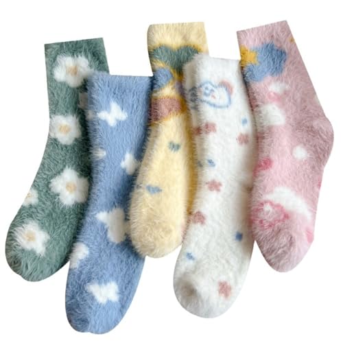 Soft Cute Fuzzy Socks for Women, Winter Cozy Casual Fluffy Sock Thickened Slipper Socks for Home, Outside, 5 Pairs, Size 5-9