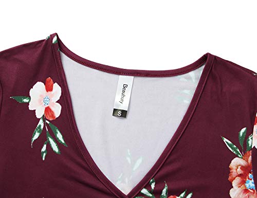 Beauhuty Women's Deep V Neck Short Sleeve Front Wrap Ruched Sexy Slim Fit Tops4