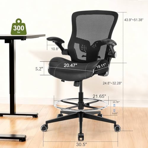 Image of Drafting Chair, Tall Office Chair with PU Leather Seat, Standing Desk Chair Counter Height Office Chairs with 21.65'' Footrest Ring and Adjustable Lumbar Support Armrests Black