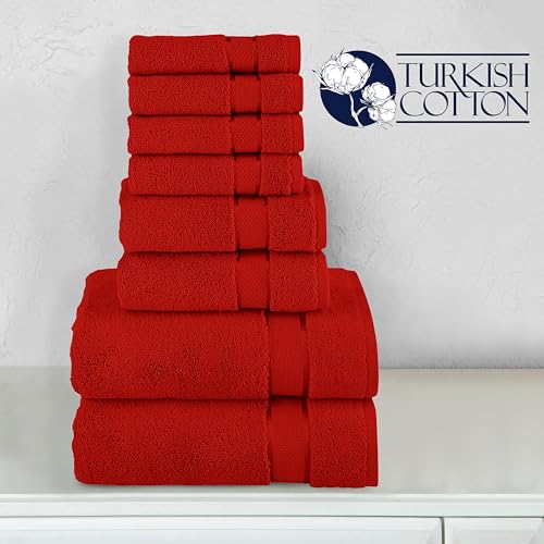 Image of Elegant Comfort Premium Cotton 8-Piece Towel Set, Includes 4 Washcloths, 2 Hand Towels and 2 Bath Towels, 100% Turkish Cotton - Highly Absorbent and Super Soft Towels for Bathroom, Red