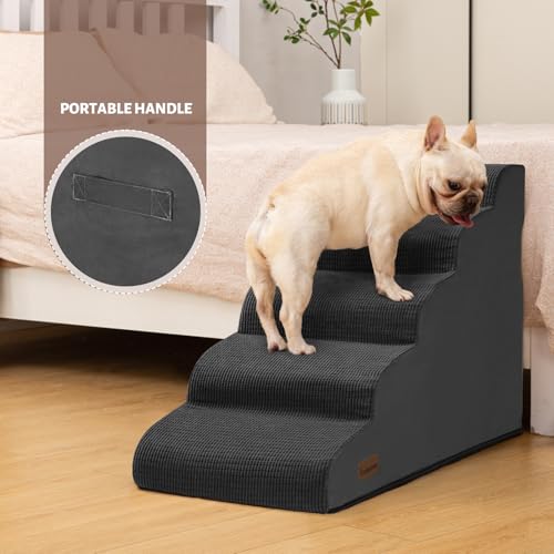 Image of Aodisman Dog Stairs for High Bed,5-Step Pet Ramp for Small Dogs and Cats | 22.2 inch H Dog Steps for Bed with High-Density Foam, Help Olders,Short-Legged Dogs,Puppy and Cats Get on Beds Easily,Grey,Black