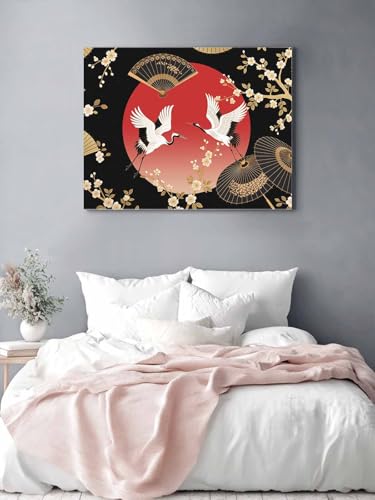 Vandaluuki アートパネル 和風 鶴 桜 花 扇子 傘 黒色 アートボード ポスター 80x60cm 壁掛け 壁画 壁飾り 部屋飾り 飾り絵 絵画 インテリア ソファの背景画 完成品 モダン 現代 玄関 部屋 リビングルーム ギフト