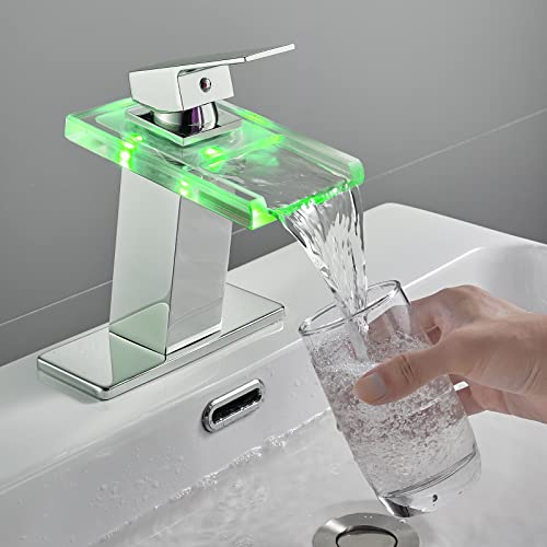 Rovate Led Bathroom Sink Faucet, Chrome Bathroom Faucet, Led Faucet For Bathroom Sink Single Hole Or 3 Hole, Waterfall Bathroom Faucet With Glass Spout, 4 Inch Centerset Bathroom Faucet #TOP5