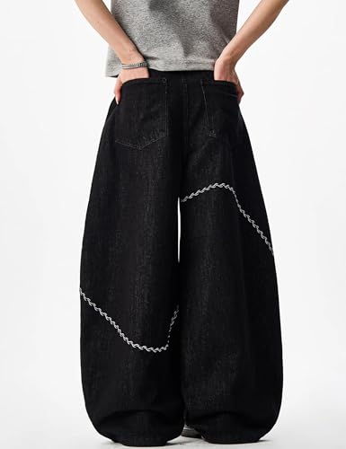 Men Hip Hop Baggy Jeans Wide Leg Black Jeans Vintage Skateboard Pants Loose Fit Straight Leg Skater Y2k Denim Pants4