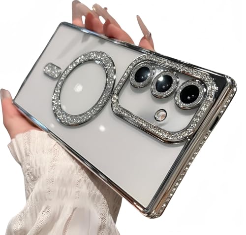 Image of for Samsung Galaxy Glitter Case,Luxury Bling Rhinestone Diamond Plated Bumper Case,MagSafe, Sparkle Camera Lens Protection Clear Back Cover (Silver, for Samsung Galaxy A55 5G)