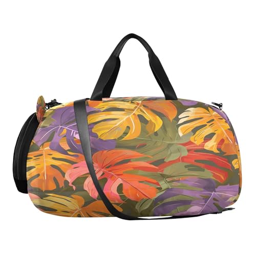 YETTASBIN Sport Travel Duffel Bag for Girls Boys, Tropical Leaves Large Waterproof Weekender Overnight Bag, Detachable Shoulder Strap Gym Bag with Shoe Compartment & Wet Pocket2