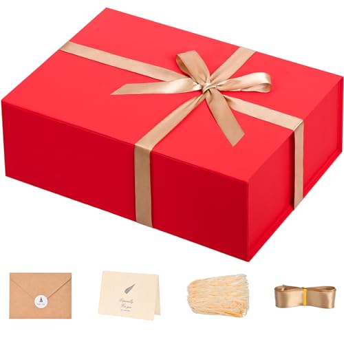 LIFELUM Boîte cadeau rouge 35,2 x 21,2 x 11,3 cm avec fermeture magnétique pour cadeaux, boîte cadeau de luxe contenant carte, ruban, papier déchiqueté, mariage, Noël, Halloween, anniversaire