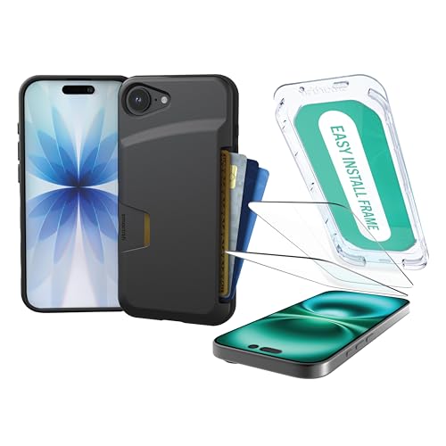 Image of Smartish iPhone 17e /16e Wallet Case + Screen Protector - [Slim + Protective] Phone Case Credit Card Holder + 2-Pack Tempered Glass Screen Protectors for Apple iPhone 17e /16e - Black Tie Affair