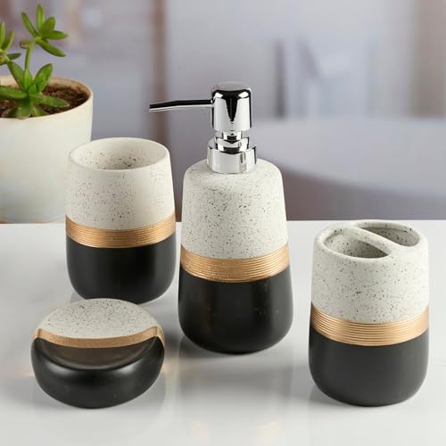 Image of SaSaSa Ceramic Bathroom Accessories Set of 4 - Stylish Bath Set with Liquid Soap Dispenser, Toothbrush Holder, Tumbler and Soap Dish for Modern Bathroom Decor, White /Black (11985)