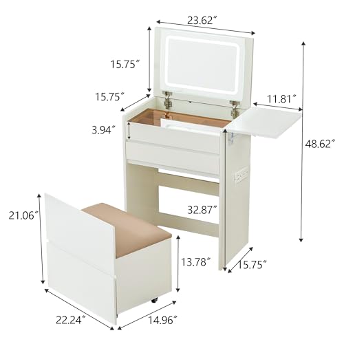 3 in 1 Vanity Desk, Compact Makeup Desk Flip-up Lighted Mirror Narrow Vanity Power Outlet Nightstand with Drawers for Small Space Bedroom, White