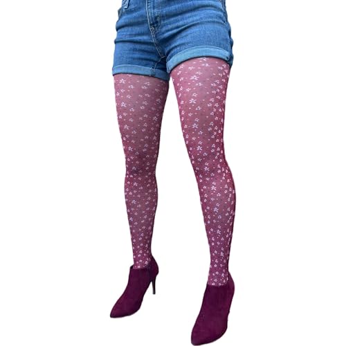 Burgundy Heart and Flower Pattern Tights For All Women3