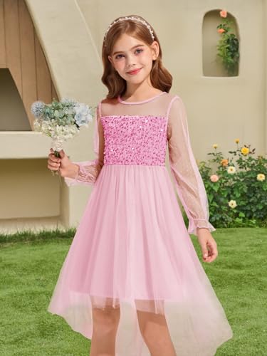 Haloumoning Girls Sequin Contrast Mesh Puff Long Sleeve Dresses Twirly High Low Party Tulle Formal Dress 5-14 Years2