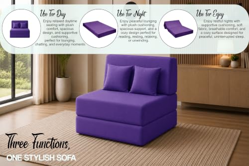 Image of Sofa Cum Bed with Jute Fabric, Convertible One Seater Sofa Bed 3x6 Ft, Comfortable Cushioned Seating, Space Saving Design for Living Room, Bedroom & Guest Room - Purple Color