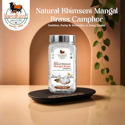 Image of Lab Tested Natural Bhimseni Mangal Brass Camphor | 100% Pure Organic Solid Kapoor for Electric Diffuser, Havan, Aromatherapy | Premium Glass Jar (500gm Pack of 3)