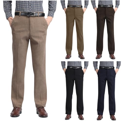 Men's Corduroy Dress Pants Casual Straight Fit Leg Business Formal Pants Elastic Waist Suit Trousers with Pockets