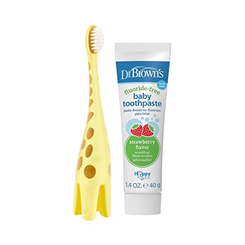 Dr. Brown's Infant-To-Toddler Training Toothbrush Set With Strawberry Fluoride-Free Toothpaste 1.4 Oz, Soft For Baby's First Teeth, Giraffe, Bpa Free, 0-3 Years #TOP4
