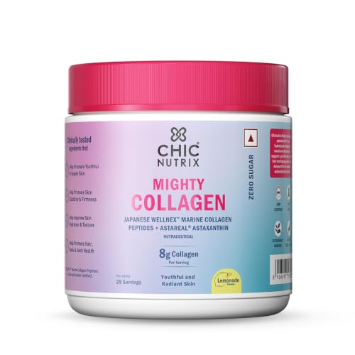 Image of Chicnutrix Marine Collagen Supplements Powder for Women & Men | 8000mg Japanese Marine Collagen Peptides, AstaReal Astaxanthin | Zero Sugar, Fast Absorption & No Fishy Aftertaste | Lemonade Flavour