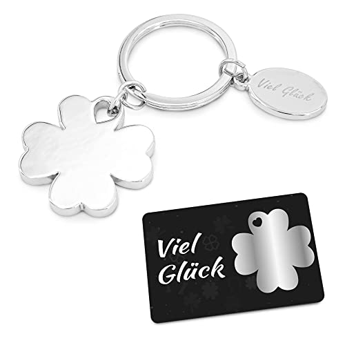 ZWEN Glücksbringer Schlüsselanhänger Kleeblatt + Viel Glück Geschenke Box + Glücksbringer Karte // Glücksbringer Prüfung, Auto, Abitur, neuer Job, Operation - Gute Besserung Geschenk (Silber) Cover