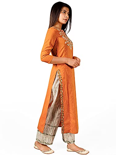 Image of d'WiU 100% Khadi Cotton Fabric Long Princess Line Long Kurta /Kurta Set /Suit with Embroidered Palazzo Pant for Women's & Girls,-01 Piece-Sleeves : 3 /4 th sleeves