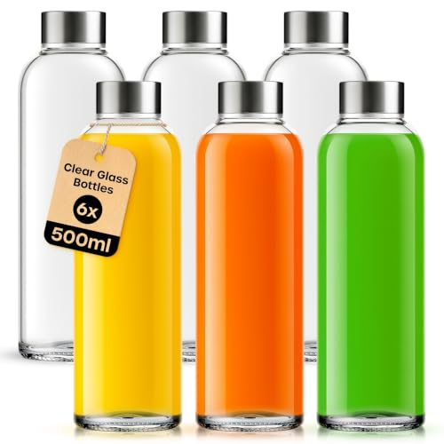 volila Glass Bottles with Lids - 6 Pack 500ml Leakproof Reusable Glass Drinking Bottle for Water Juice Milk and Smoothie - with Airtight Metal Lids Cleaning Brush and White Labels